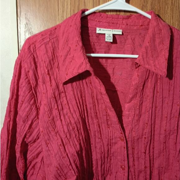 JM Collection Sequin Crinkle Top 24W Berry Red Textured Dressy Blouse Curvy - Picture 2 of 8